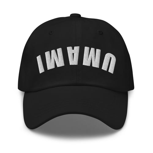 Front view of embroidered chef dad hat with upside down Umami design