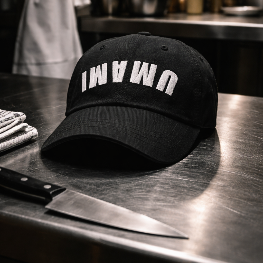 Embroidered chef dad hat with umami design