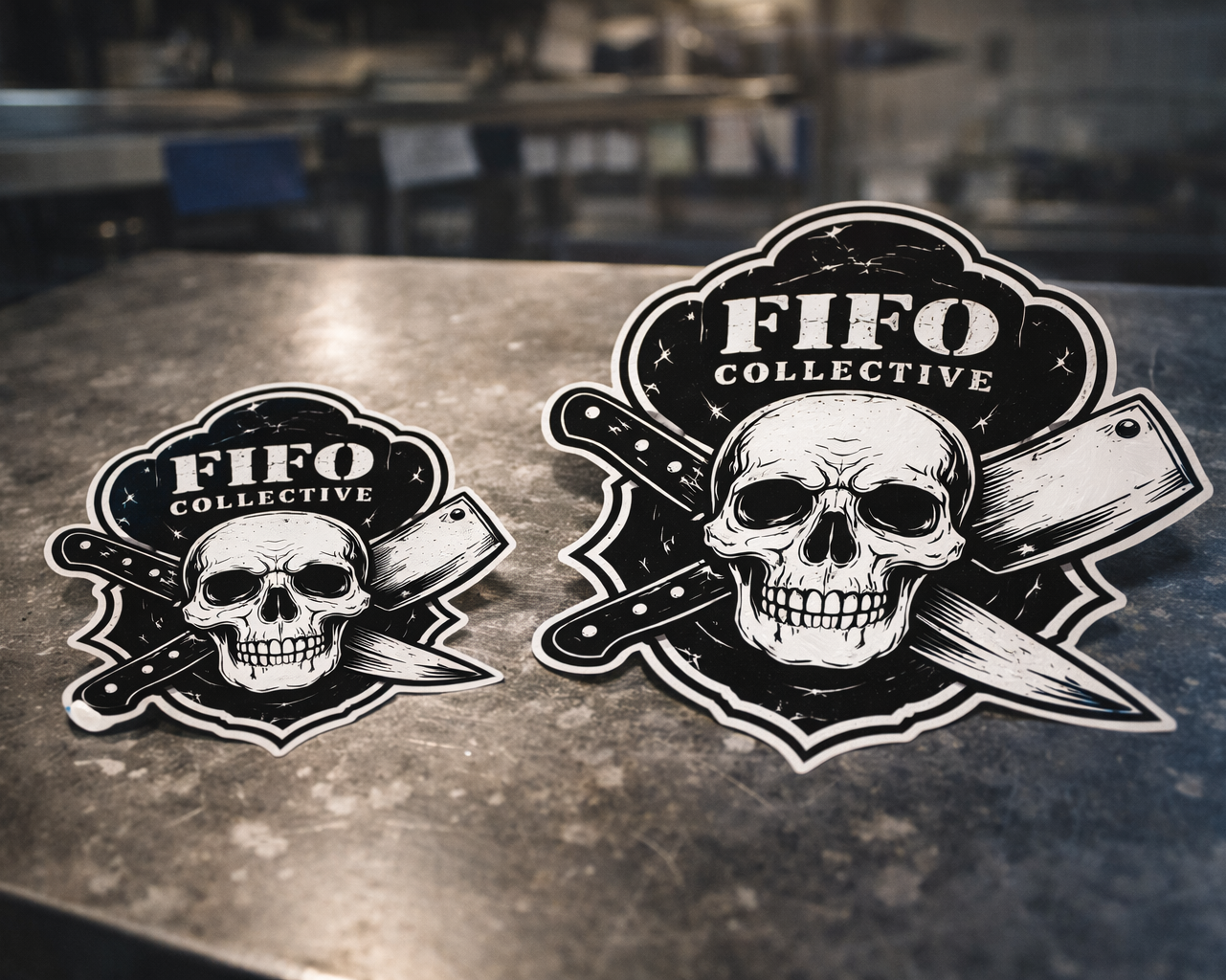Chef skull sticker knife logo vinyl decal FIFO kitchen culture sticker