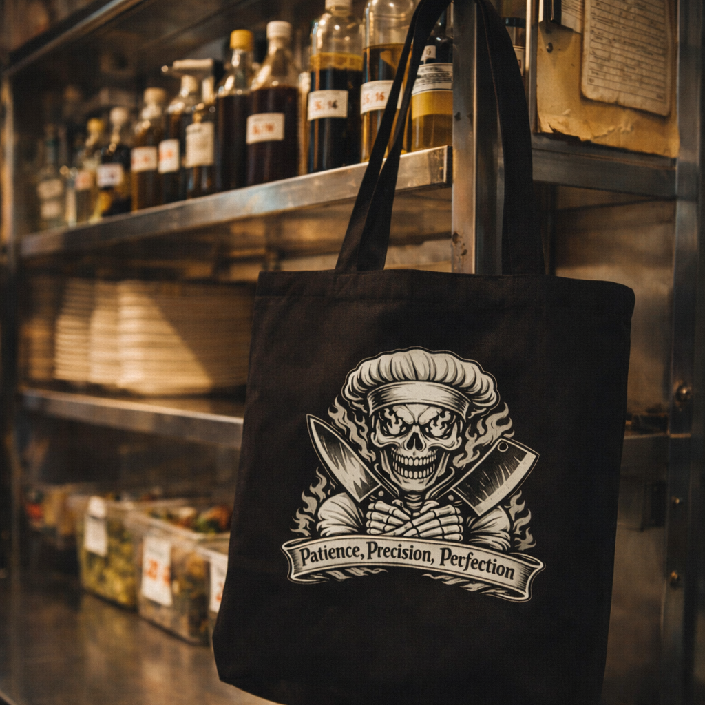 Chef skull tote bag patience precision perfection cotton carryall