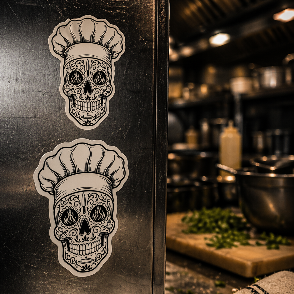 Skull chef tattoos on a metallic surface with a kitchen background