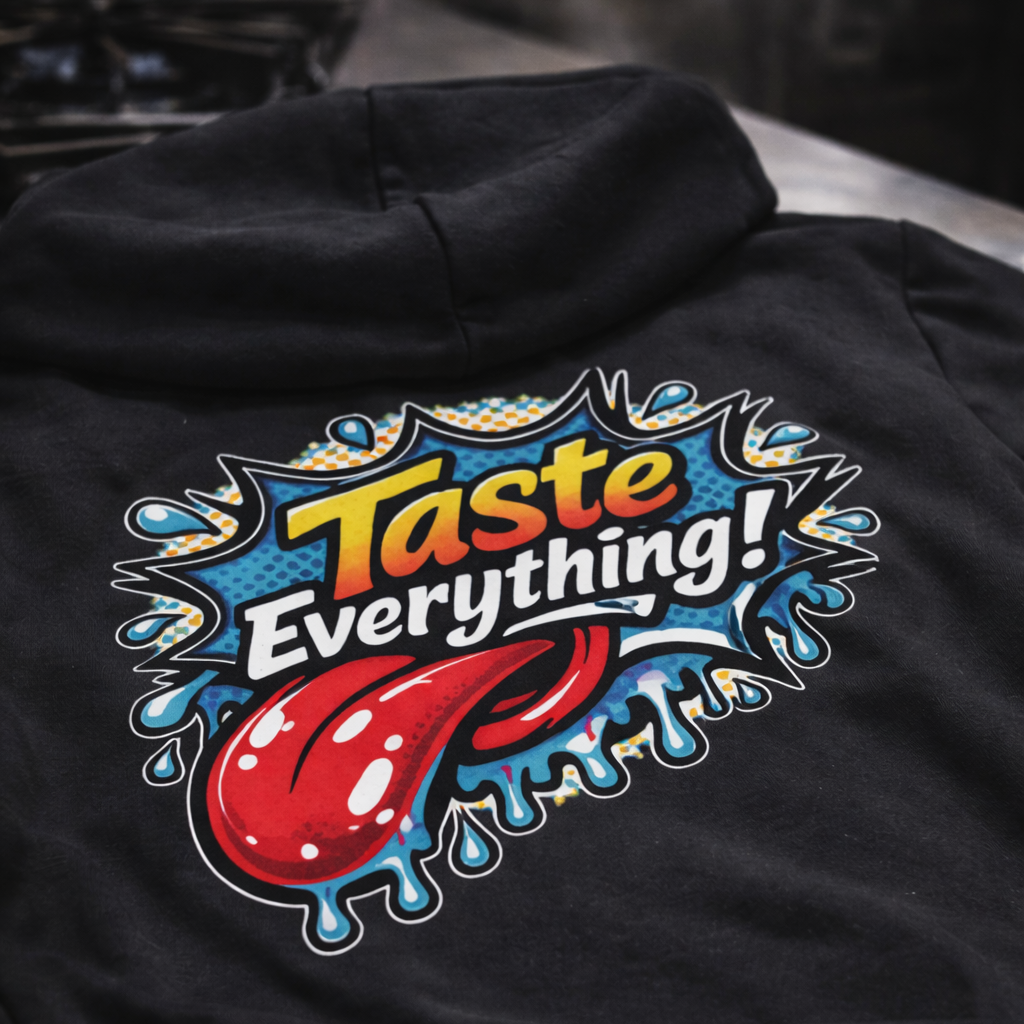 Taste everything pop art tongue chef graphic hoodie food art streetwear pullover