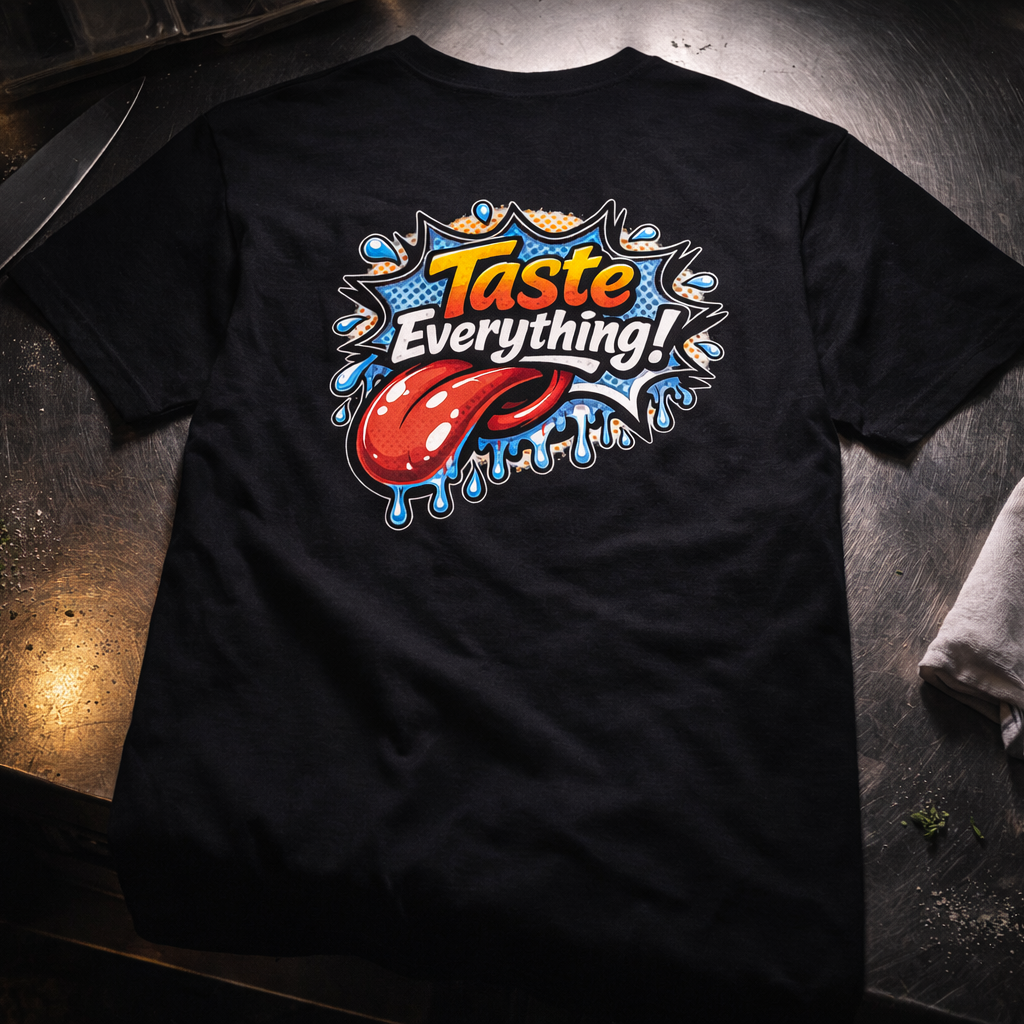 Taste everything pop art tongue chef graphic t shirt food art tee