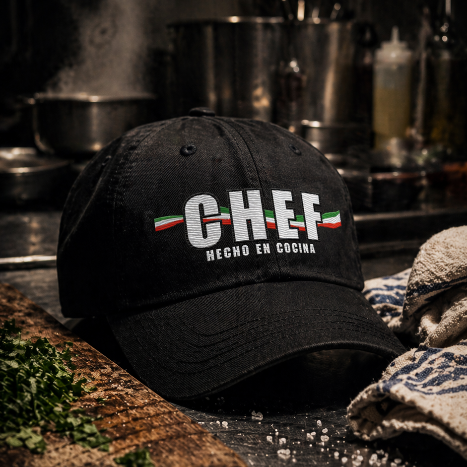 Black cap with 'CHEF' text on a kitchen counter