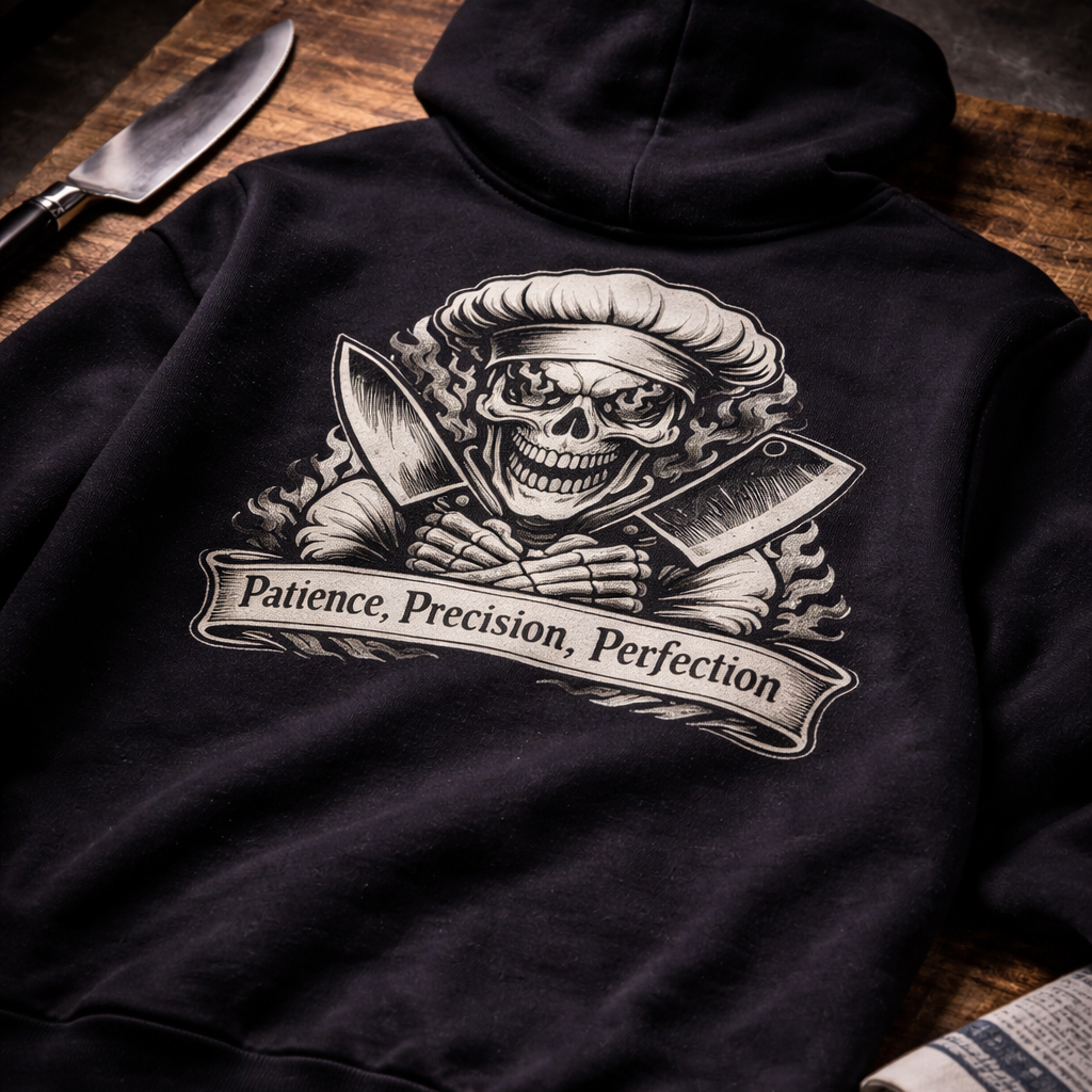 Chef skull hoodie patience precision perfection kitchen streetwear pullover