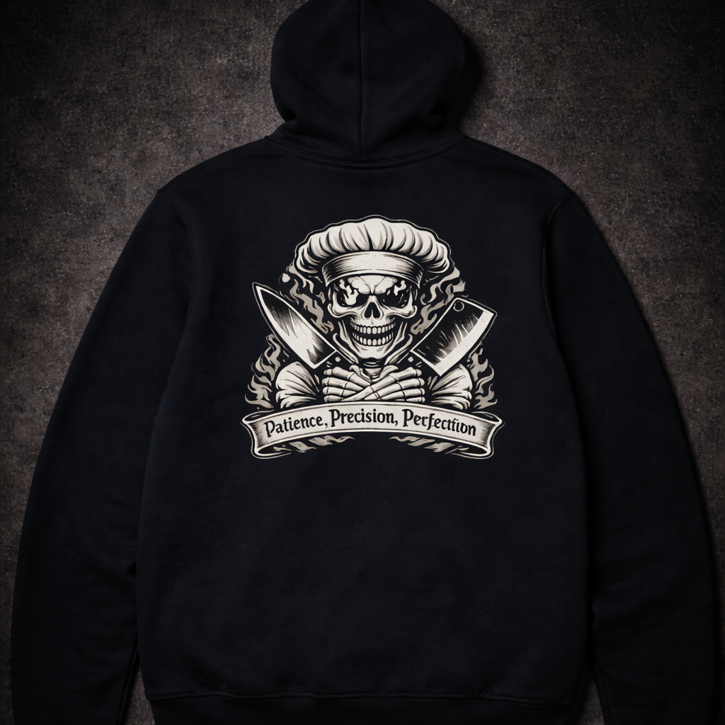 Chef skull hoodie patience precision perfection kitchen streetwear pullover