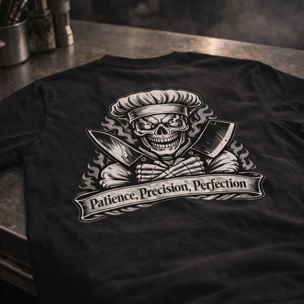 Chef skull t shirt patience precision perfection kitchen graphic tee