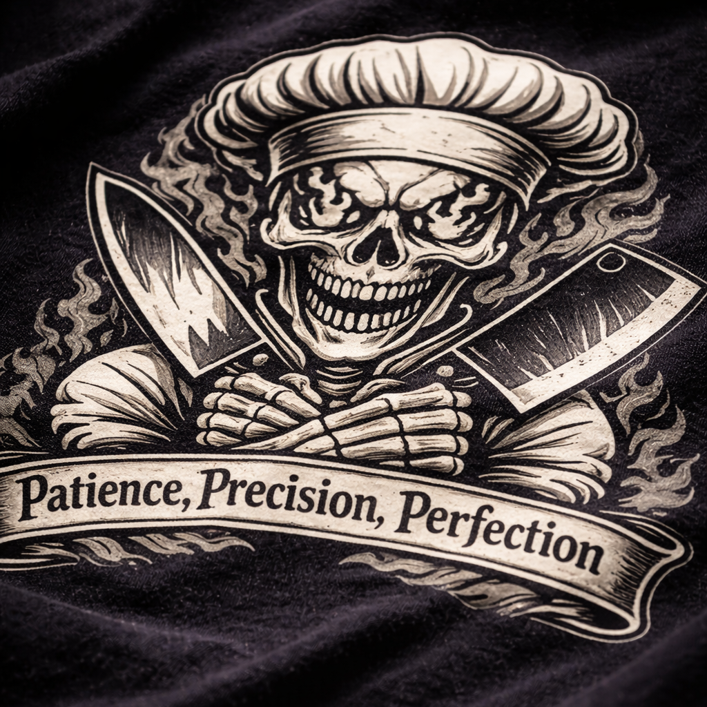 Chef skull t shirt patience precision perfection kitchen graphic tee