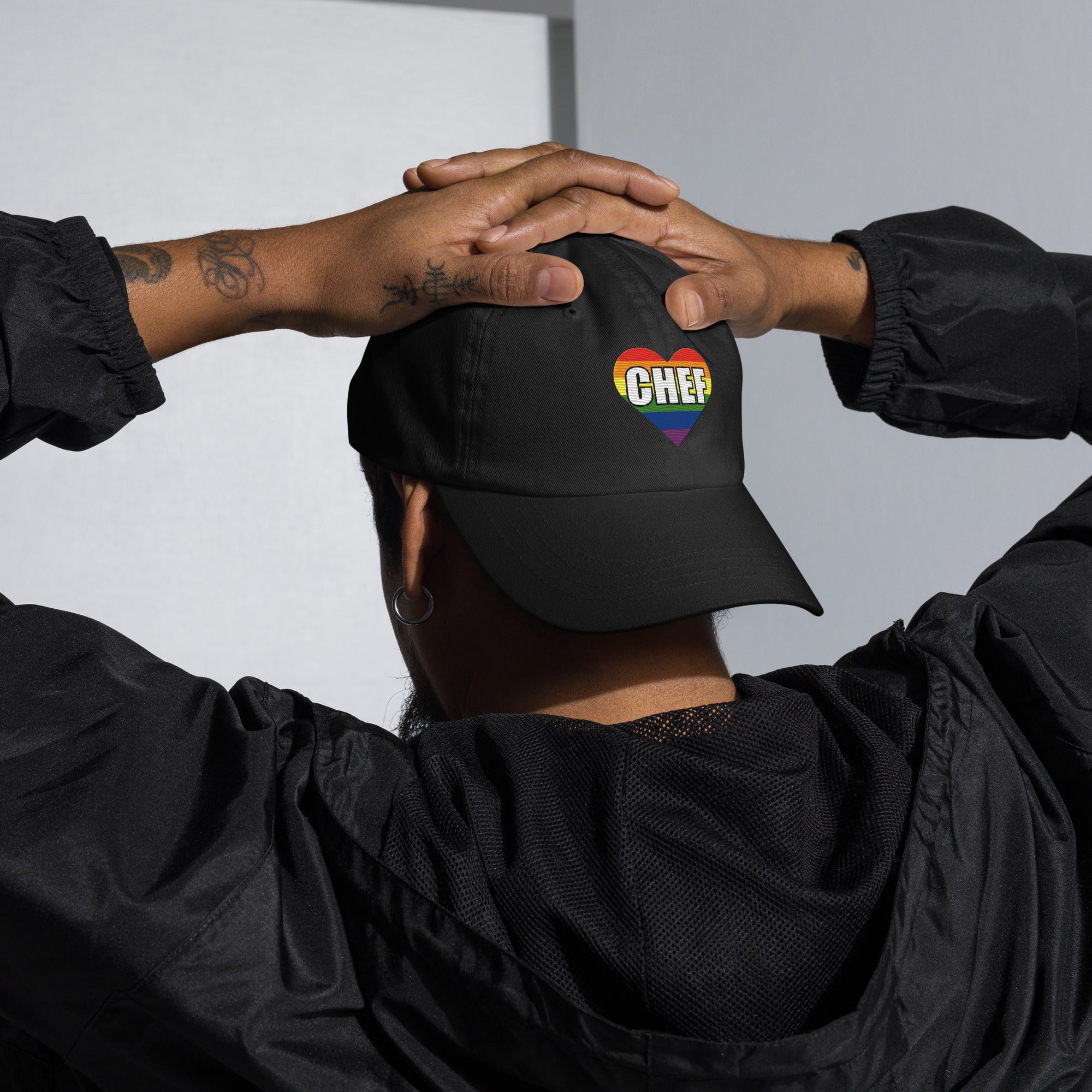 rainbow heart embroidered pride cap kitchen culture hat Product mockup on model