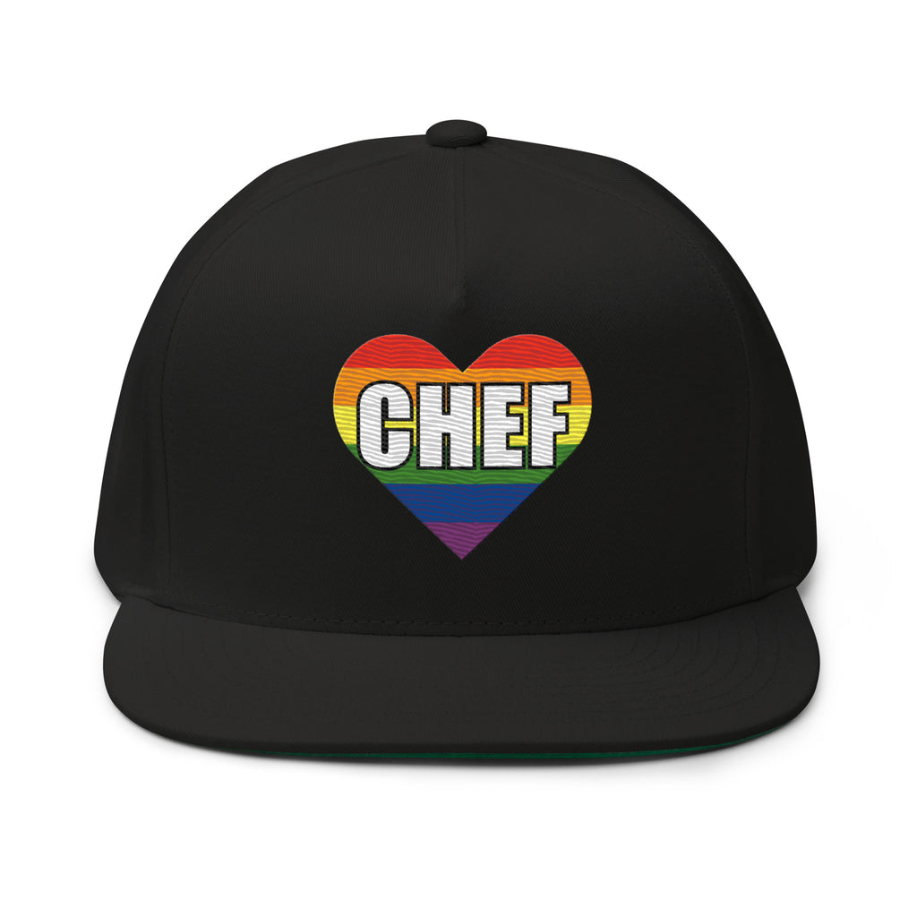 LGBTQ chef snapback hat rainbow heart embroidered pride cap kitchen streetwear product mockup