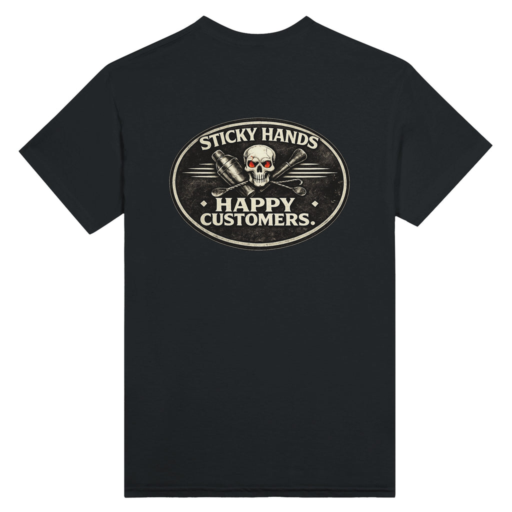 Sticky hands happy customers bartender skull graphic t-shirt