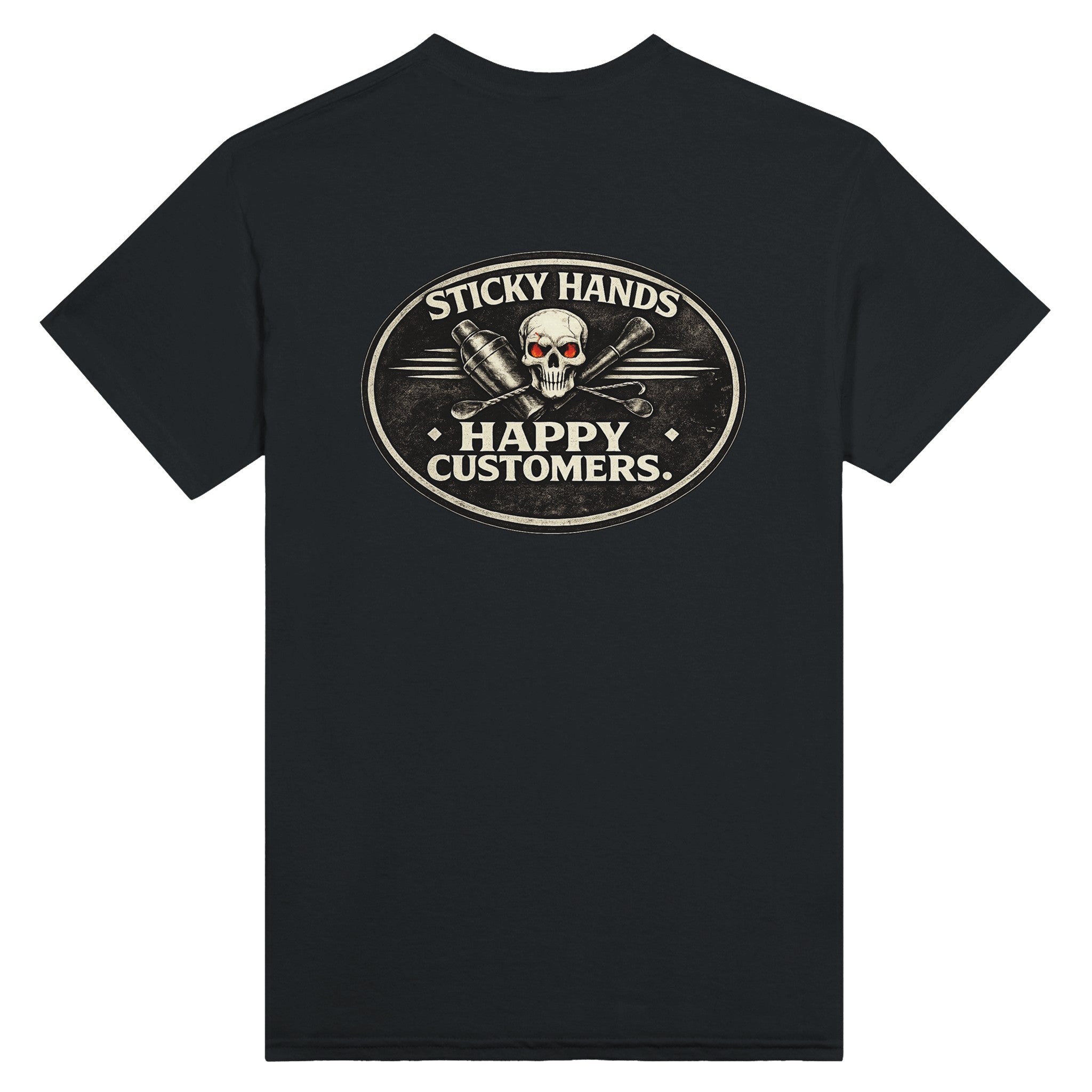 Sticky hands happy customers bartender skull graphic t-shirt