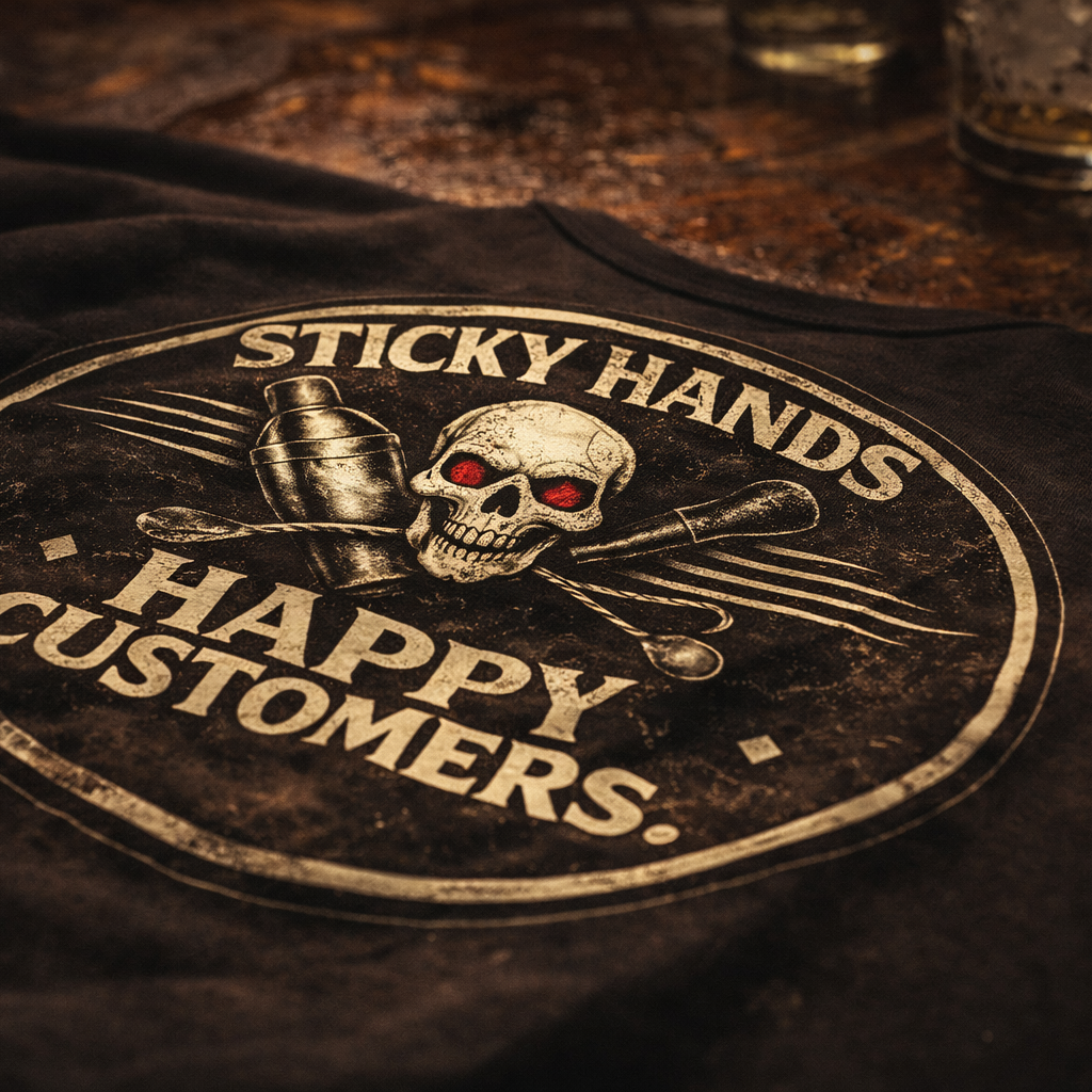 Sticky hands happy customers bartender skull graphic t-shirt