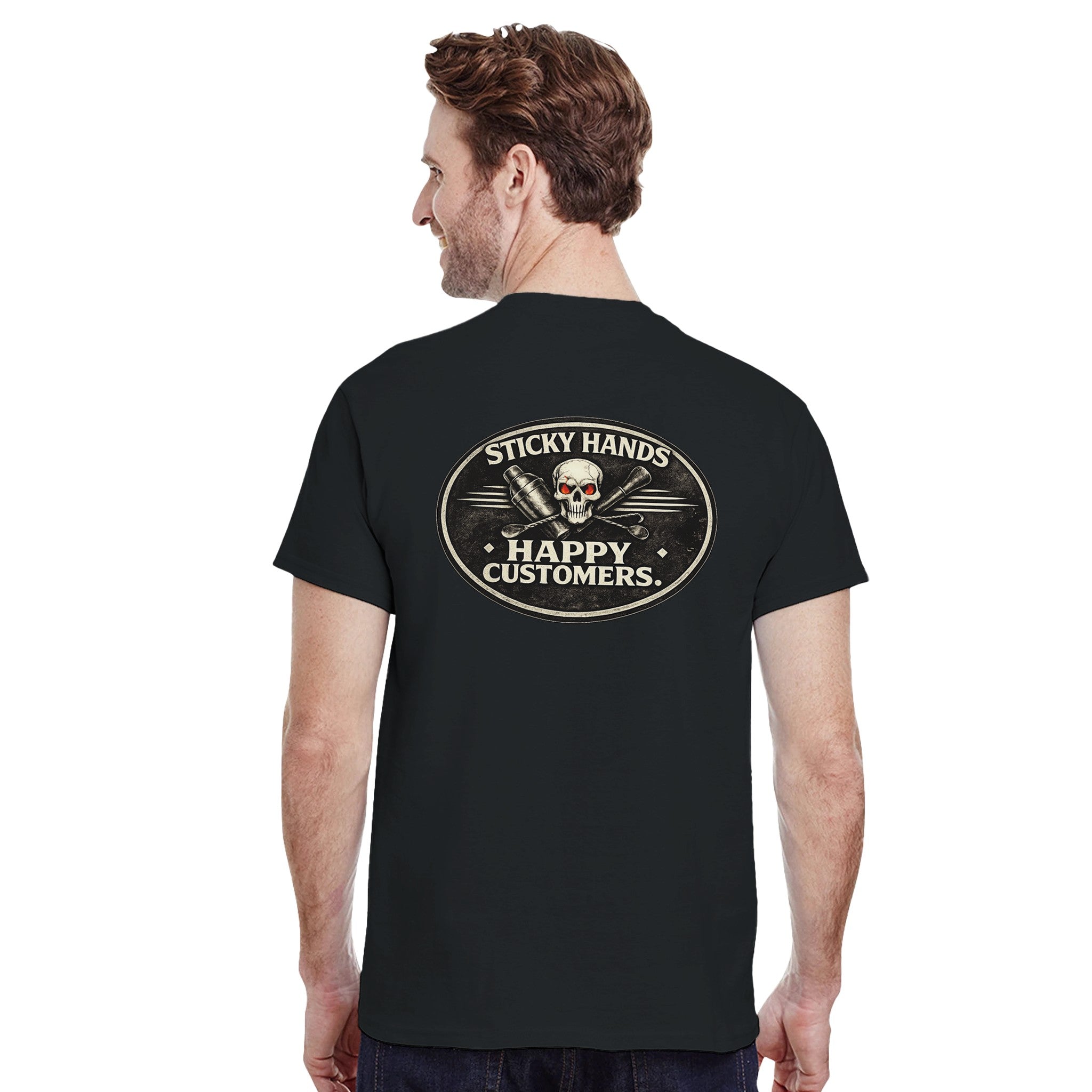 Sticky hands happy customers bartender skull graphic t-shirt