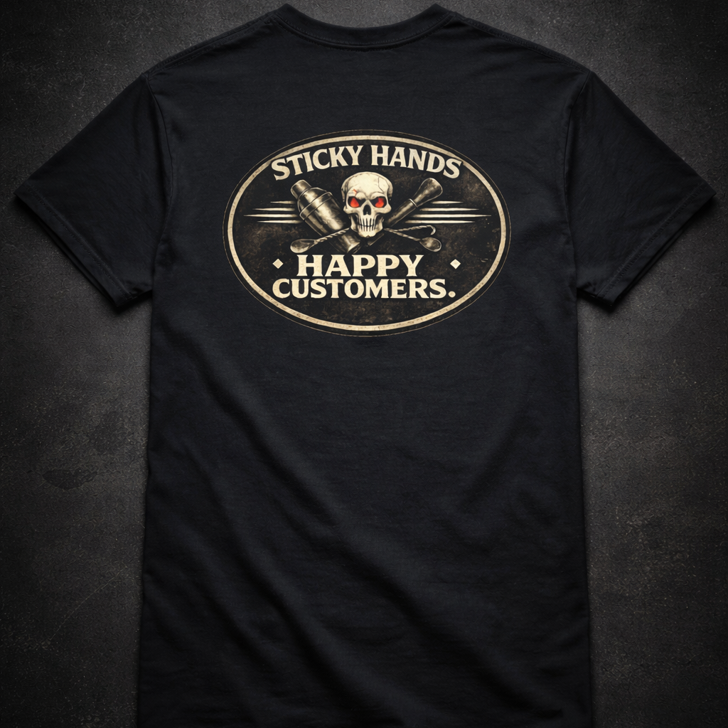 Sticky hands happy customers bartender skull graphic t-shirt